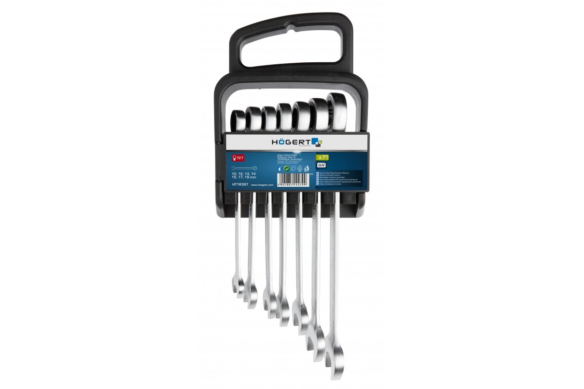 JUEGO DE LLAVES FIJAS Y DE ESTRELLA, CON CARRACA  10-19, DE ACERO CrV 6140