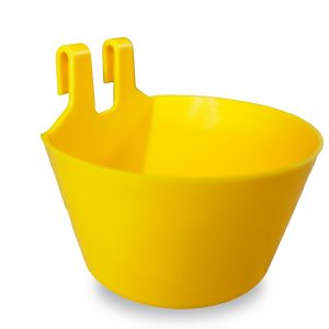 COMEDERO PLÁSTICO CON GANCHOS AMARILLO