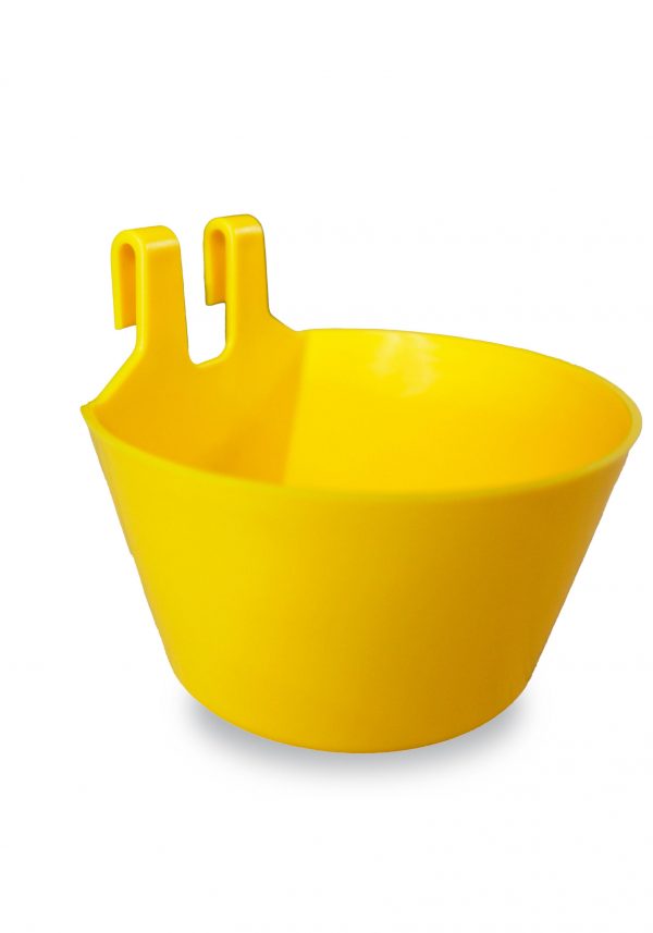 COMEDERO PLÁSTICO CON GANCHOS AMARILLO